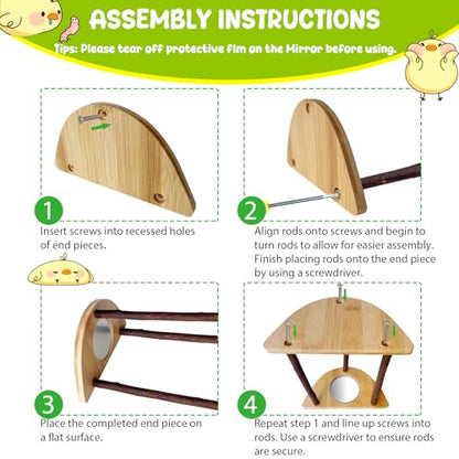Mini Chick Perch with Mirror, Natural Willow Wood Roosting Bar for Coop&Brooder, Anti-Slip Training Perch for Baby Chicks, El Pollitos, La Pollita, Easy to Assemble&Clean, Fun Toys for Chick