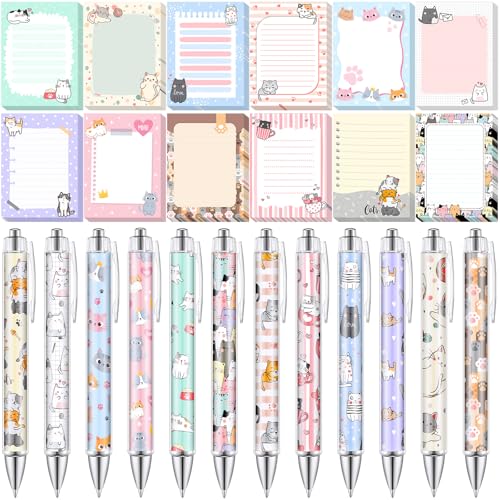 24 Pcs Cat Sticky Notes with Pens Cat Themed Gifts Party Favors Notepad Cute Memo Notes Pads Black Ink Ballpoint Pen for Women Animal Lover Christmas Gifts Office School Students Teacher Supplies - style: Cat