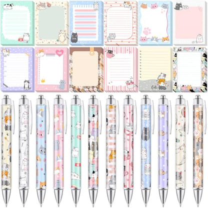 24 Pcs Cat Sticky Notes with Pens Cat Themed Gifts Party Favors Notepad Cute Memo Notes Pads Black Ink Ballpoint Pen for Women Animal Lover Christmas Gifts Office School Students Teacher Supplies - style: Cat