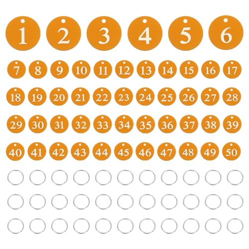 PATIKIL 50PCS Number Tags 1-50, Number Key Tags Aluminum Numbered Keychain Metal Round with Key Rings for Organizer Field Sales Hangers Clothes Labels ID, Gold - color: Gold