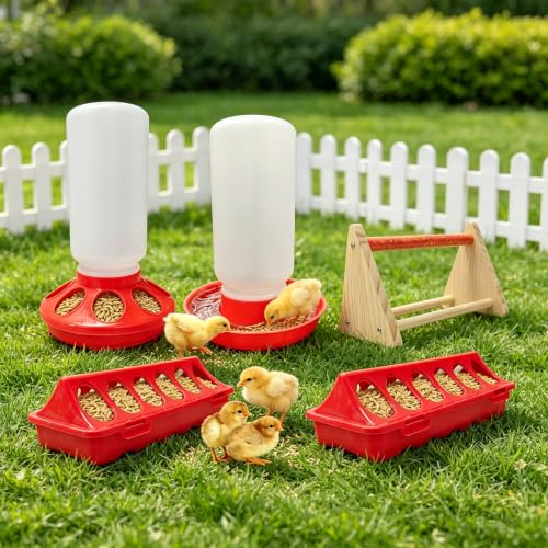 2026 New Chick Feeder and Waterer Starter Kit with Roost Bar,4-Piece Baby Chick Supplies Set with 2 Trough Feeders and No-Leak Water Dispenser for Chicks,Quail,Ducklings,and Small Poultry Brooder