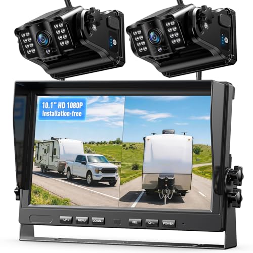 eRapta Magnetic Wireless Backup Camera Kit with HD1080P 10” DVR Monitor, Dual RV/Trailer/Truck/Tractor Cameras Wireless System, No Wiring, 9600mAh Rechargeable Battery, IR Night Vision-ACT1002 - size: 10 inch-2 cameras