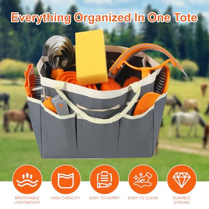 Professional Horse Brush Kit with Storage Tote, 12-Piece Grooming Set for Daily Stable Care, Includes Curry Comb, Hoof Pick & Mane Brush - color: Grey