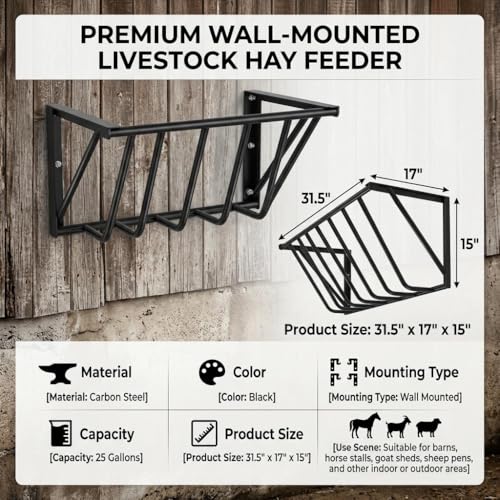 Wall Mounted Hay Rack, 33'' Metal Corner Hay Feeder with 25 Gallon Large Capacity, Heavy Duty Steel Livestock Feeder, Easy Install No Waste Design for Horse Goat Sheep Farm Stable