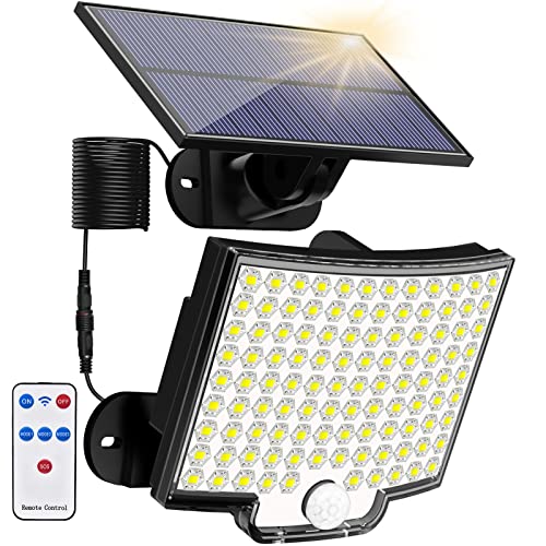 Solar Lights Outdoor, 106 LED 3000LM Solar Powered Motion Sensor Flood Lights with Remote, Dusk to Dawn Led Solar Security Wall Lights with 16.5Ft Cable IP65 Waterproof for Outside, Garage, 1 Pack - size: 1