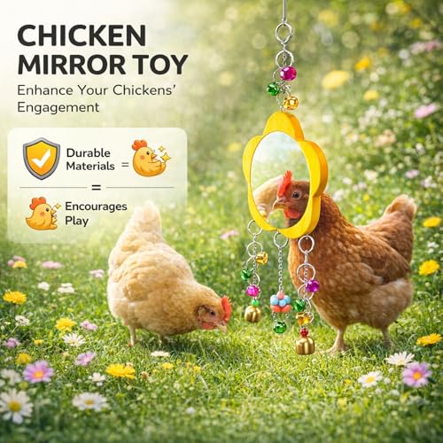 Chicken Mirror Toy with Bell, Wooden Hanging Playing Toy for Pet Chickens and Birds - Safe Non - Materials, Engaging Musical Entertainment, Ideal for Foraging and Gathering