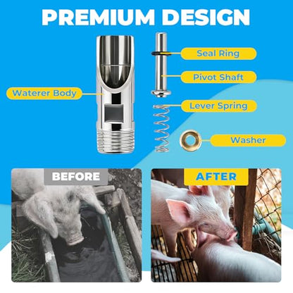 NATGAI 20 Pack Pig Water Nipple, 1/2" NPT Stainless Steel Automatic Pig Nipple Waterer, Heavy Duty Hog & Swine Water Drinker Feeder, Pig Nipple Drinker for Sows, Piglets & Goats Drinking System