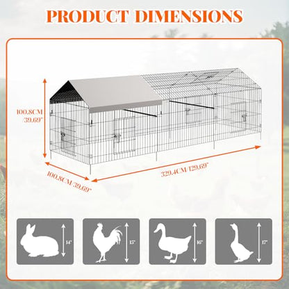 Large Metal Chicken Coop,130" x40x40 Heavy Duty Walk-in Chicken Runs with Waterproof and Anti-Uv Cover,Portable Poultry Cage Hen House Outdoor Backyard Farm Playpen Exercise Pen for Rabbit Duck - size: 130"L x 40"W x 40"H