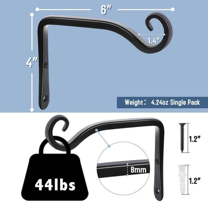 FEED GARDEN Heavy Duty Plant Hooks - 2 Pack 6 Inch Wall Mounted Hanging Brackets, 44lb Capacity Steel Plant Hangers for Bird Feeders, Baskets, Wind Chimes - Black - color: Black-L, size: 6 Inch