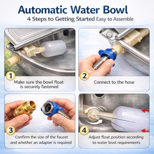 Automatic Animal Drinking Water Bowl with Float Valve, 304 Stainless Steel Auto-Filling Waterer Kit with Bowl, Pipe, 2 Valves, Quick Connect Adapter, Mounting Bolts for Livestock, Farm, Pet Use