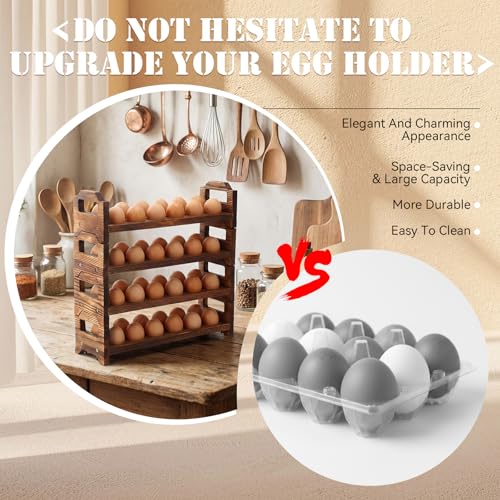 LemonRoad 4 Tier Wooden Egg Holder for Countertop, Pine Stackable Fresh Egg Storage Farmhouse Collecting Rack for Gathering Kitchen Organizer Duck Eggs Display, Stackable with 48 Eggs