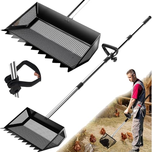 12" Metal Chicken Poop Scooper Rake for Sand with 24 to 68" Handle, Adjustable Chicken Poop Scooper for Poop,Wide 10”Poop Shovel Cleaning Tools, Heavy Duty Sifting Shovel (Black Max) - color: Black Max