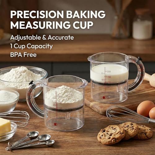 Adjustable 4-in-1 measuring cup with double scale (ml/oz) push bottom design, used as a multi in 1 measuring tool for baking and cooking