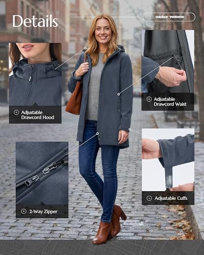 Outdoor Ventures Women's Softshell Jacket with Removable Hood Fleece Lined Windbreaker Insulated Long Warm Rain Jacket - color: Grey Blue Heather, size: 3X-Large