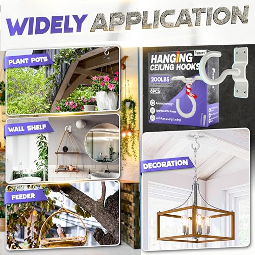 [UPGRADED] 200LBS 8Pcs Rotatable Ceiling Hooks with 4 Screw Points Plate Base, White Wall Mount Metal Hanger for Hanging Plants, Bird Feeders, Lanterns, Lights, Wind Chimes, Indoor Outdoor Decor - style: 8PCS