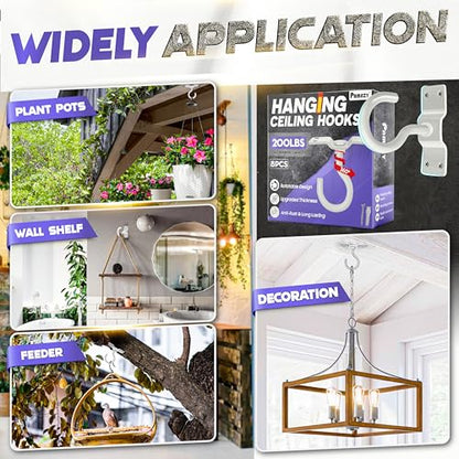 [UPGRADED] 200LBS 8Pcs Rotatable Ceiling Hooks with 4 Screw Points Plate Base, White Wall Mount Metal Hanger for Hanging Plants, Bird Feeders, Lanterns, Lights, Wind Chimes, Indoor Outdoor Decor - style: 8PCS