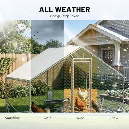 Metal Chicken Coop 10x6.6x6.56ft Walk-in Poultry Cage for 5-10 Chickens Chicken Run Hen Rabbit Duck House with Waterproof Cover for Outdoor Farm Use - size: 79.2"L x 120.0"W x 78.7"H