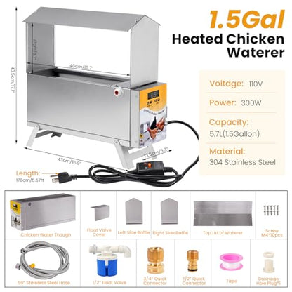 1.5 Gallon Heated Chicken Waterer Automatic Chicken Water Heater for Winter, Freeze Proof Poultry Drinker Watering System