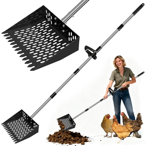 3-in-1 Heavy Duty Pooper Scooper, 23-76" Extra Long Adjustable Handle No Bend Back Pain Relief, 10" Stainless Steel Chicken Pooper Scooper Sifting Shovel Rake for Grass, Dirt, Gravel, Sand, Farm