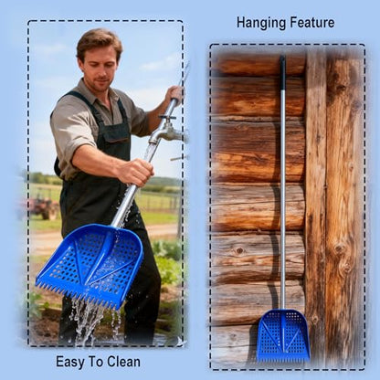 11.8inch Heavy Large 2-in-1 Chicken Poop Scooper & Rake,Adjustable Aluminum Handle（20–61"） Chicken Coop Scoop– Litter Scoop Sand & Sifting Shovel for Chicken Coops Shoveling Snow(Black) - color: Black