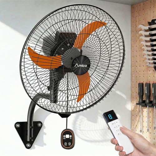 Amico 20" Industrial Wall Mount Fan with Remote Control, 5000 CFM High Velocity Oscillating Wall Mounted Fan, DC Motor Commercial Shop Fan for Garage, Workshop, Gym, Patio, Indoor/Outdoor