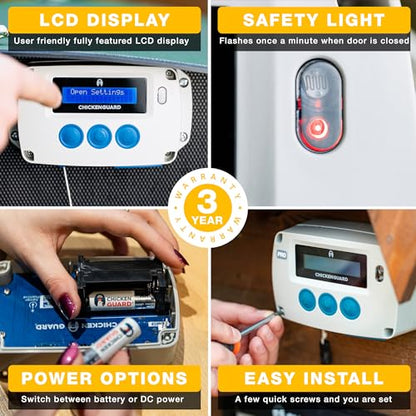 ChickenGuard Automatic Chicken Coop Door Opener, Power by Solar/Batteries/Electric. Strong Motor Lifts 2kg; Timer/Light Sensing; Motor Units only or Combination Kits (PRO + Door + Batteries) - size: PRO + Door + Batteries