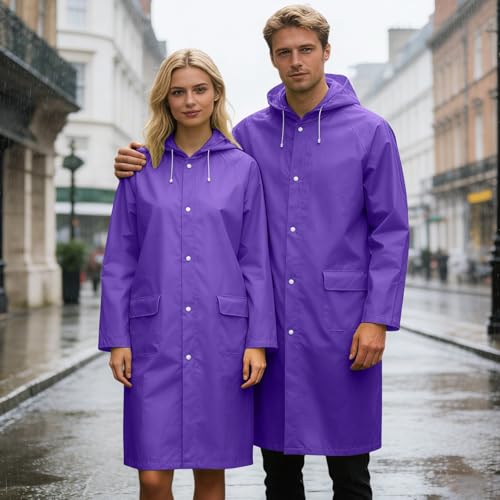 Unisex Hooded Raincoat Waterproof Reusable Rain Jacket with Pockets for Cycling Hiking Travel Commuting - color: Purple, size: Large