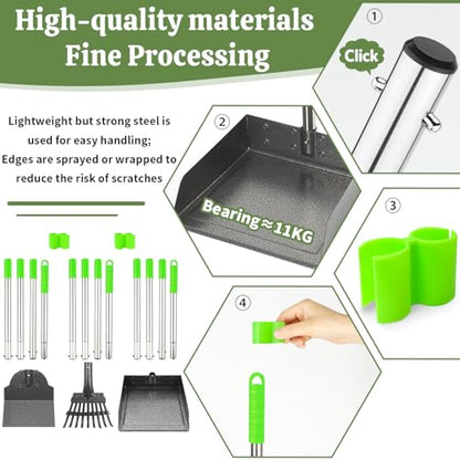 T2Y Pooper Scooper Extra Long Handle, Rake & Tray Set for Large Dogs | 48" Tall No-Bend | 9.4'' Large Tray | Stainless Steel | Adjustable | Works on Grass, Gravel & Dirt | Easy to Install - size: Rake & Large Tray-Green
