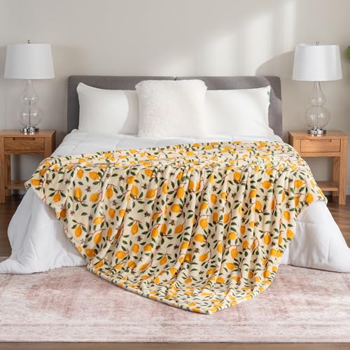 Berkshire Blanket-Classic Heavyweight Soft Printed VelvetLoft® Plush Blanket, Full/Queen Size Soft Fuzzy Warm Blanket for Couch Sofa Bed, Lemons and Bees Yellow, 90in x 90in - color: Lemons and Bees Yellow, size: Full/Queen