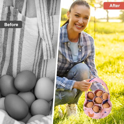 Egg Collecting Basket, Canvas Egg Basket for Gathering with 7 Pouches for Chicken, Duck, Goose, Bird, Various Poultry Collection (Cartoon Chicken Style 1) - style: Cartoon Chicken Style 1