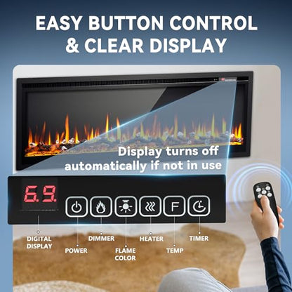 EUHOMY 50 Inch Electric Fireplace Recessed Wall Mounted Freestanding with Remote Control, Ultra-thin Fireplace Heater with Adjustable Flame Color, Linear Fireplace with Timer, Log & Crystal, 750/1500W - size: 50 Inch Premium