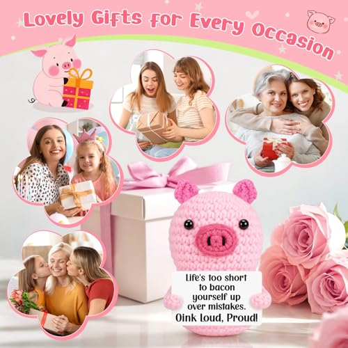 GevGuxLuo Mini Inspirational Birthday Gifts for Women, Back to School Cheer Up Support Graduation Birhday Gifts for Teen Girl Students Teacher Friend Coworker, Positive Handmade Crochet Pink Pig - style: Bacon