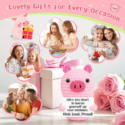 GevGuxLuo Mini Inspirational Birthday Gifts for Women, Back to School Cheer Up Support Graduation Birhday Gifts for Teen Girl Students Teacher Friend Coworker, Positive Handmade Crochet Pink Pig - style: Bacon