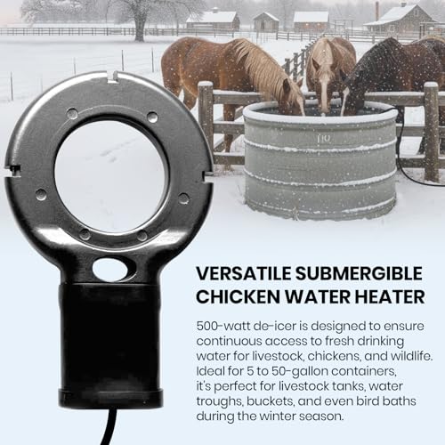 Upgraded 500-Watt Chicken Water Heater - Submergible Cast Aluminum Utility De-Icer with Black Teflon Coating for Livestock Tanks, Winter Bird Bath, and Mineral Buildup Resistance