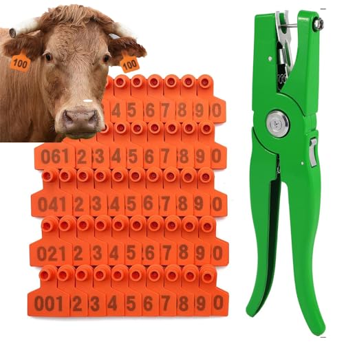 Numbered Plastic Livestock Cattle Ear Tags Livestock Tags Ear Tagger + Ear Tag Applicator Cattle Cow Pig Goat Sheep 1-100 Green (Orange 101) - color: オレンジ, size: 101