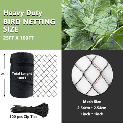 Bird Netting for Garden 25 x 100 FT Heavy Duty Black Garden Netting for Fruit Trees, Chicken Coop, Pond, Blueberry Bushes, Poultry & Deer Netting, HDPE Plant Protection Net Fence with Ties - size: 25' x 100'
