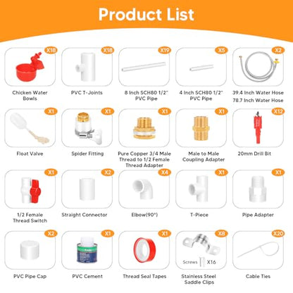 18 Pack Automatic Chicken Water Cups, Complete Set Pipeline Automatic Chicken Waterer System Poultry Waterer for Chick Duck Quail