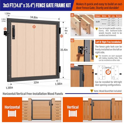3x3FT (34.8"W X 35.4"H) 201 Stainless Steel Anti Sag Wooden Fence Gate Kit Heavy Duty Garden Gate Frame Hardware Kit Reinforcement (Left/Right Free-Installation) - size: W3xH3 FT