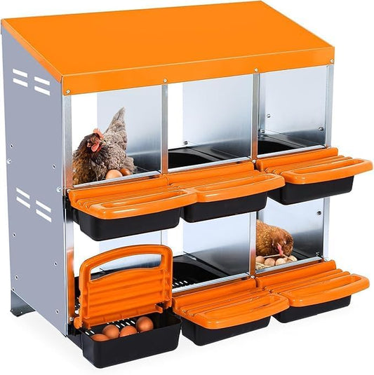 [6-Pack] Chicken Nesting Boxes for Hens - Galvanized Steel Wall Mount or Freestanding Chicken Nest, Removable Plastic Egg Tray & Ventilation Holes - Poultry Nesting Boxes for Egg Laying (Orange) - color: Orange, size: 6 holes