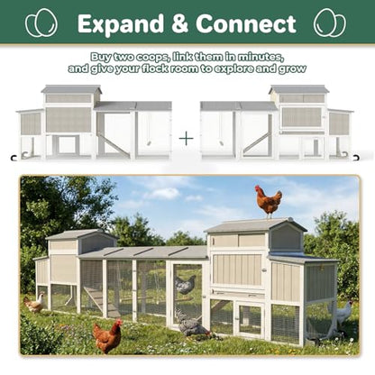Large Chicken Coop with Run for 6-12 Chickens, Mobile Outdoor Hen House Chicken Tractor with Full Asphalt Roof, Wheels, Wooden Poultry Cage with 4 Nesting Box, Pull-Out Tray & Fun Swing - color: Grey