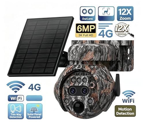 6MP Camouflage Hunting Solar Security Camera with 12x Zoom Dual Lens, Two-Way Audio, PIR Motion Activation, Suitable for Hunting Reconnaissance, Ranch Monitoring Security Monitoring