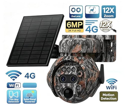 6MP Camouflage Hunting Solar Security Camera with 12x Zoom Dual Lens, Two-Way Audio, PIR Motion Activation, Suitable for Hunting Reconnaissance, Ranch Monitoring Security Monitoring