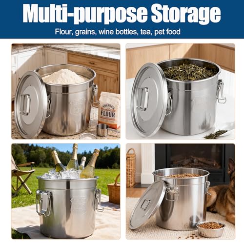 12Lbs 304 Stainless Steel Dog Food Storage Containers with Scoop, Large Pet Food Storage Container with Airtight Lid and Locking Clamp Metal Pet Food Bin for Dogs and Cats, Keep Fresh, Easy to Clean - size: 12Lbs with Scoop