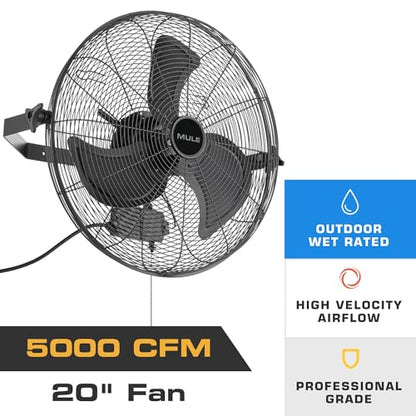 MULE 20 Inch Wet-Rated Outdoor Wall Fan XL, Plug-In Mount with Adjustable Omni-Reach Arm and 3-Speed Quiet Motor, Matte Black