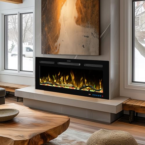 65" WiFi Electric Fireplace Inserts, Recessed and Wall Mounted Fireplace Heater W/Adjustable Flame Color & Brightness, Thermostat, 9H Timer, App and Remote Control, Low Noise, 750/1500W - size: 65" WiFi