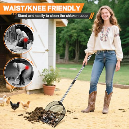 CAROD Metal Chicken Poop Scooper and Rake 2-in-1, Poop Chicken Scoop Sand with Stainless Steel Handle (43-73" Adjustable), Sifter Shovel Chicken Coop Sand Rake for Chicken Coops & Farm Animals - size: medium