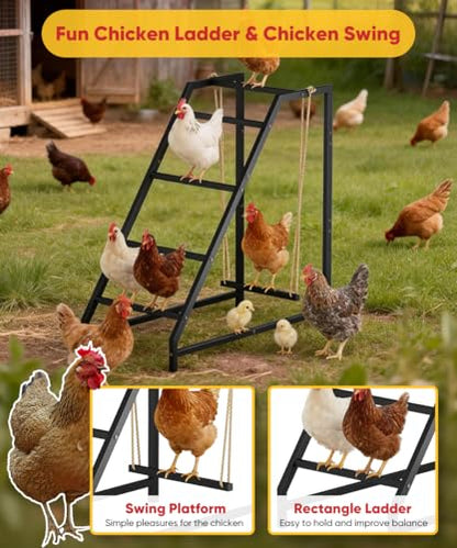Chicken Perch Swing with Ladder for Coop, Metal Frame Chicken Roosting Bars for 8-10 Hens, Pet Swing Set for Backyard Poultry Farm Roost, Ideal for Chickens' Health and Happiness, Black