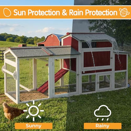 Chicken Coop with Run, Weatherproof Mobile Chicken Tractor Hen House with Wheels, Nesting Box, Roosting Bars, Pull-Out Tray, Asphalt Waterproof Roof & Fun Swing for Chickens Quails Red - color: Red