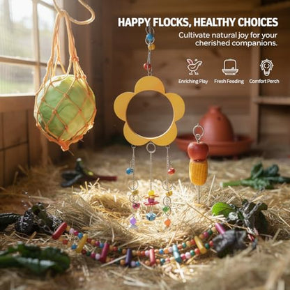 5 Pcs Chicken Toys Set, Chicken Xylophone with Wood Swing Perch Stand, Mirror, Hanging Feeder, Metal Chain for Coop Accessories