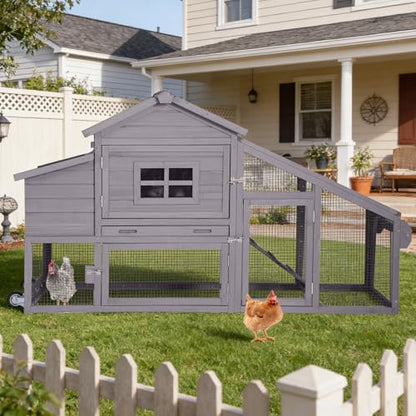 Mobile Chicken Coop with Wheels, Large Wooden Hen House with Run, Chicken Tractor with Waterproof Roof, Nesting Box & Pull-Out Tray, Outdoor Poultry Cage for Backyard Chickens/Rabbits (Grey) - color: Grey